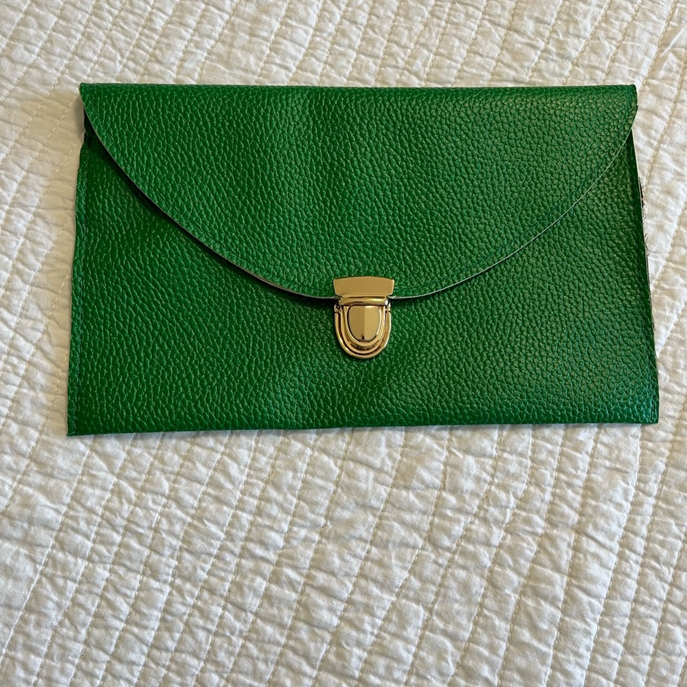Kelly green envelope clutch with gold buckle